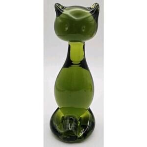 Vintage Viking Epic Art Glass Sitting Cat Figurine In Avocado Green MCM
